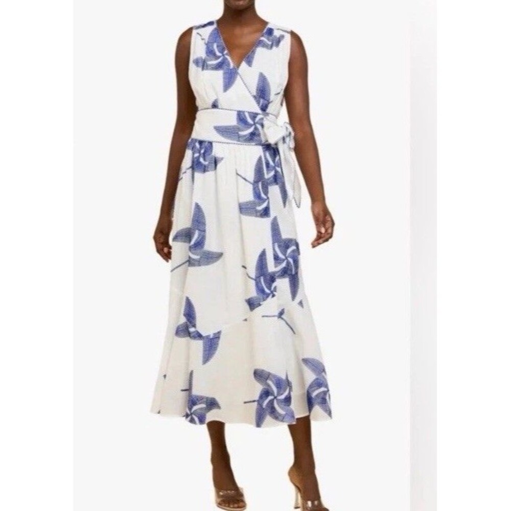 Ciebon  White Blue Pinwheel Embroidered COTTON  Wrap V-Neck Midi Dress Coastal S